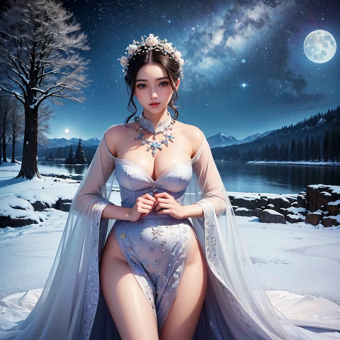 (masterpiece, highest quality, official art, beauty and aesthetic:1.5), (perfect anatomy), two gorgeous and stunning dark-skinned or pale-skinned young girls are deeply in love with each other, kiss, perfect make-up, romantic atmosphere, snow and moon, meteoric shower, magnificent panorama view