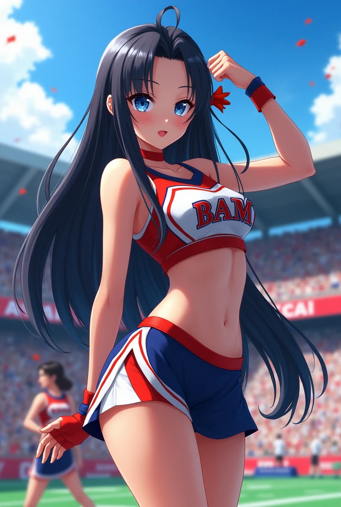 Girl with long hair, black in color, blue colored eyes. with huge breasts, slim with hips and ass, no belly. Dressed as a cheerleader, without paint and anime
