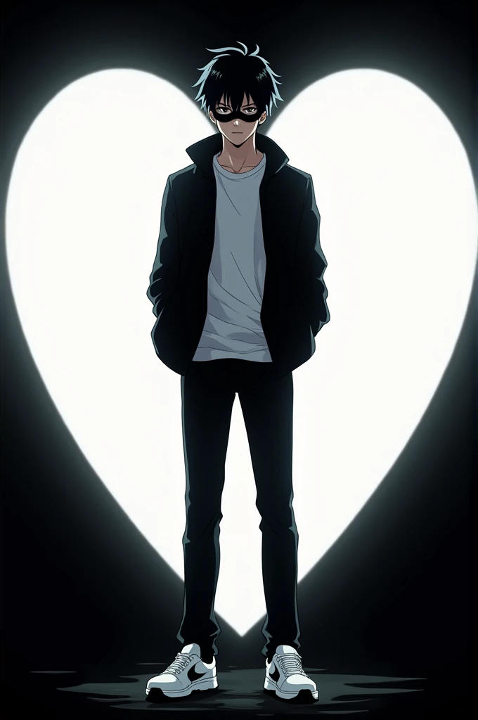 A tall boy wearing a black jacket with a white tshirt inside the jacket,a black trouser,a black mask with white shoes. He is an anime gou . The background is black and the boy is standing between the boundary of a white heart.