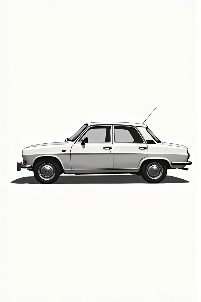 White Renault 11 car, view 3/4, without background, art vectoriel, Minimalist, dessin en noir et blanc