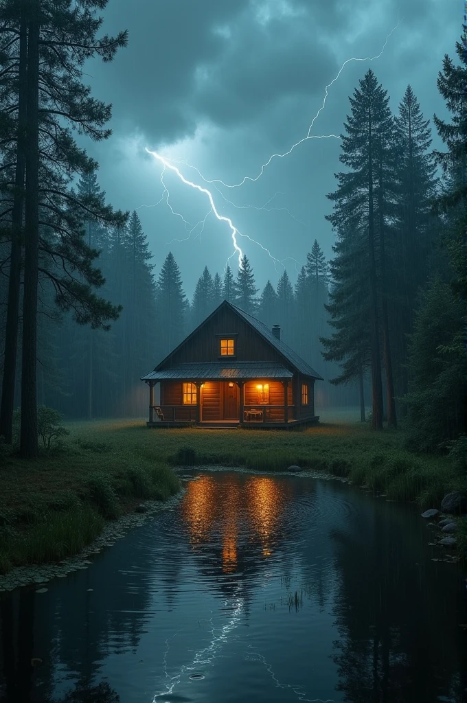 storm in the forest with lots of fog, a cabin with windows and doors illuminated by light, a pond in front of the hut, Realistic, High Definition Cinematic Image