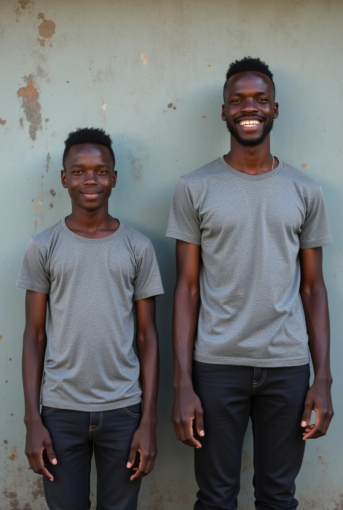 A before and after picture of a 25 years old ethiopian man standing in-front of grey wall that have small stains, who increased his height by 20 centimeters, wearing a t-shirt, make it realistic