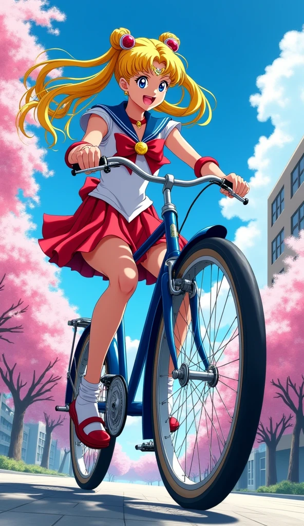 Today's challenge theme：Manga Art, Close up of Sailor Moon Riding an Mom's Bicycle doing stunts