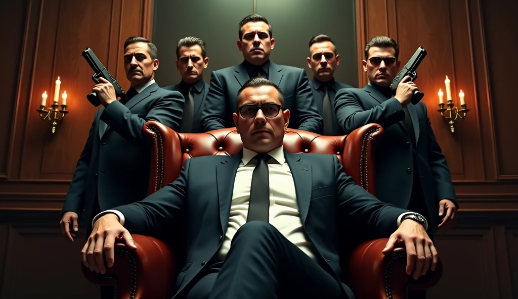 create a movie poster , a young and strong man mafia boss sitting in center on boss chair, wear glasses, gunmans standing behind, showing power, action movie poster, hyper details