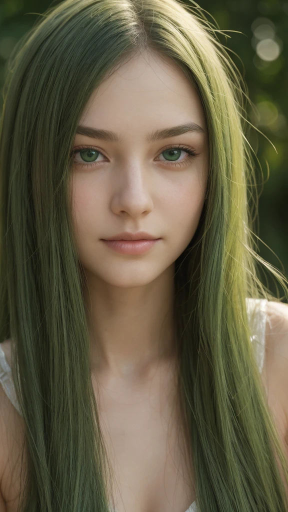 portrait of a girl. european. extremely detailed face. delicate features. oval face. long face. droopy. seductive. half-closed eyes. green eyes. long, straight, very thick hair. green hair. gentle smile