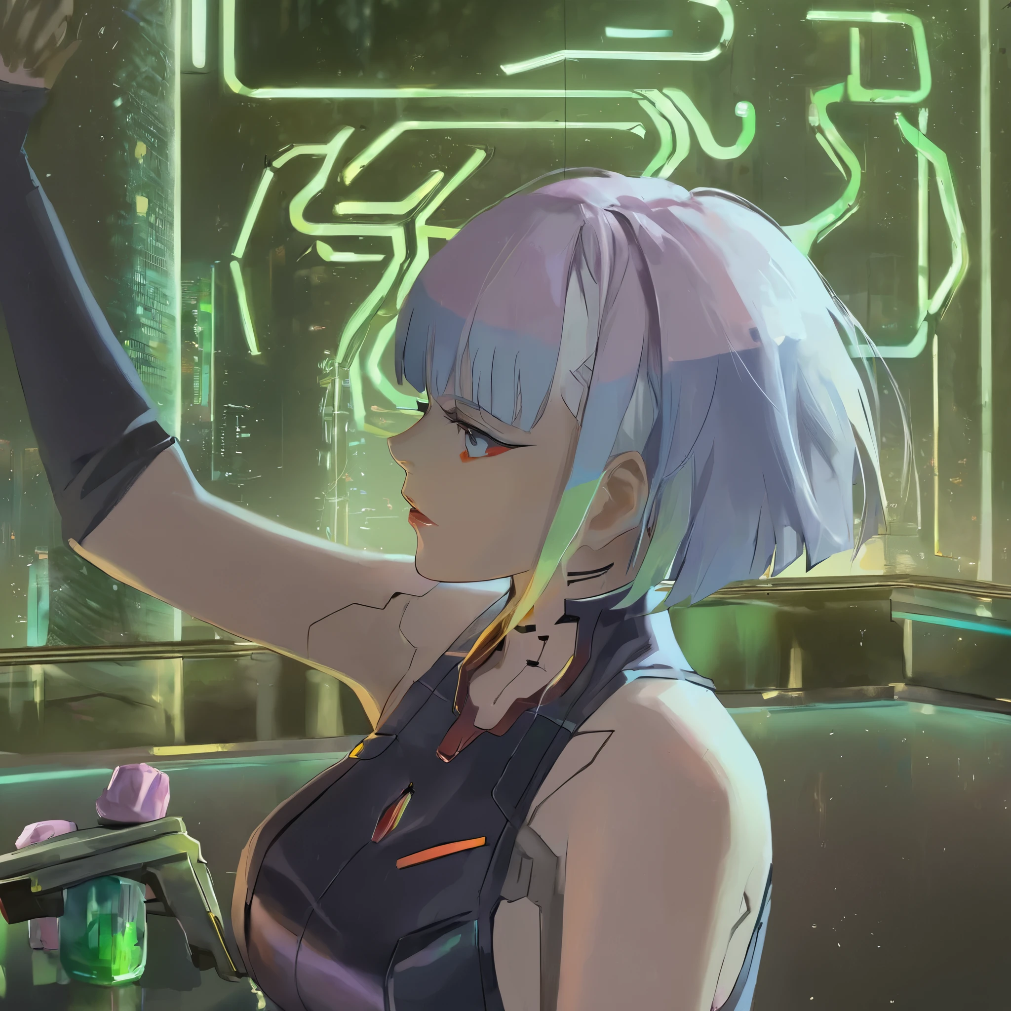 score_9, score_8_up, score_7_up, score_6_up, score_5_up, score_4_up, masterpiece, best quality, high quality, hyperdetailed anime painting, anime painting, painterly, realistic painting, cyberpunk, cyberpunk 2077, cyberpunk night city neon background, in the club, behind the bar, metal cybernetic silver hand in the foreground in the frame, green-blue glitch effect around the arm, purple-pink neon glow, Lucy, torso, fluorescent yellow, light green, purple, mint