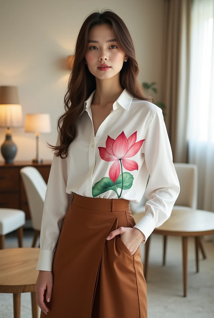8k image of the model wearing a white tucked-in shirt, printed with an impressive watercolor lotus painting. brown stand-up skirt. Luxurious elegant style. Background with rice white walls, chairs, lamps