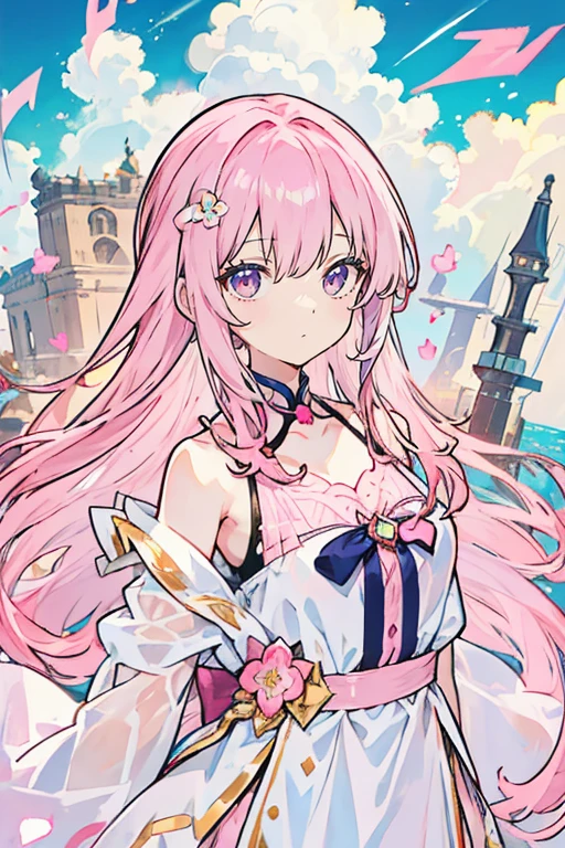(flying debris), (Highest quality), Very detailed, ((1 person)), Focus Only,dynamic,((smile)),Perfect Face, Beautiful Face, Very detailedな顔,(Pink long hair_Pink Eyes:1.3),Swimwear,Idle only,Gorgeous hair ornament,smile,Large Breasts,Sandy Beach,Underarm、Sweat、look up,smile,alone, 1 personの, blush, Raise your right arm、Open your chest wide
