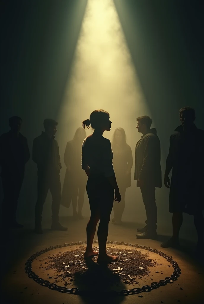 Imagine a person standing in a dark room, surrounded by chains shattering into pieces around them. The expression on their face reflects relief and determination. In the background, shadows hinting at familiar figures or past partners are insinuated, Fading as the chains break. The predominant colors should be dark and cold for the background, with a warm, luminous contrast on the central figure representing liberation. The image should convey the idea of breaking free from destructive patterns and finding light after darkness.