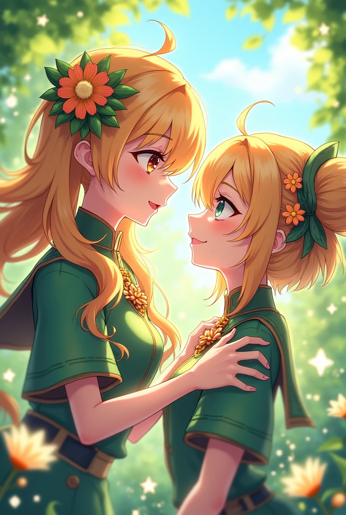 score_9, score_8_up, score_7_up,source_anime, high res image,masterpiece,best quality,2girl,cute face,clear skin, Alhaitham_genshin, Navia_genshin,smile,looking each other,