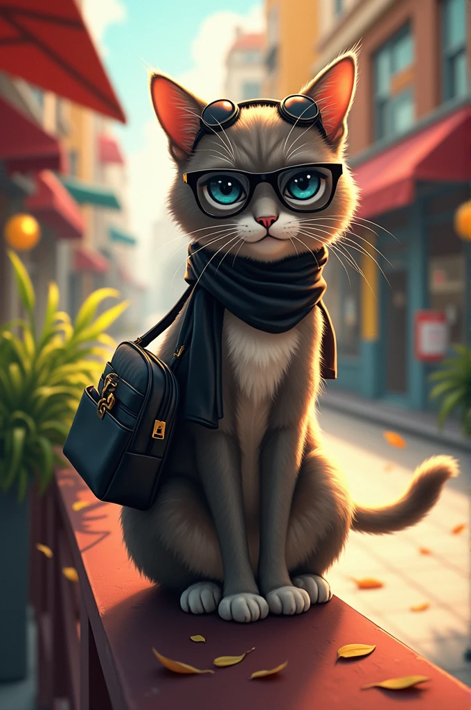 Cat on ramp with balck purse scarf and black goggles