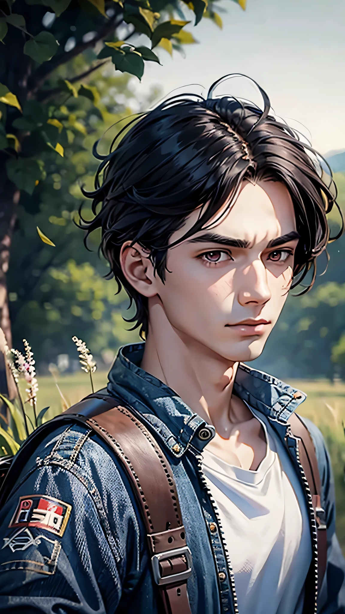 最high quality、Best image quality、masterpiece、male((18-year-old、slender、Stubble、Have a camera、White shirt、Red eyes、Cool hairstyle、Black Hair、Fighting Pose、Black rider jacket、Blue denim trousers、Black Rucksack))high quality、Beautiful art、background((grassland、Strong winds)),Tabletop、Exquisite design、Visual Arts、Written boundary depth、Best lighting、Highest detail、8k