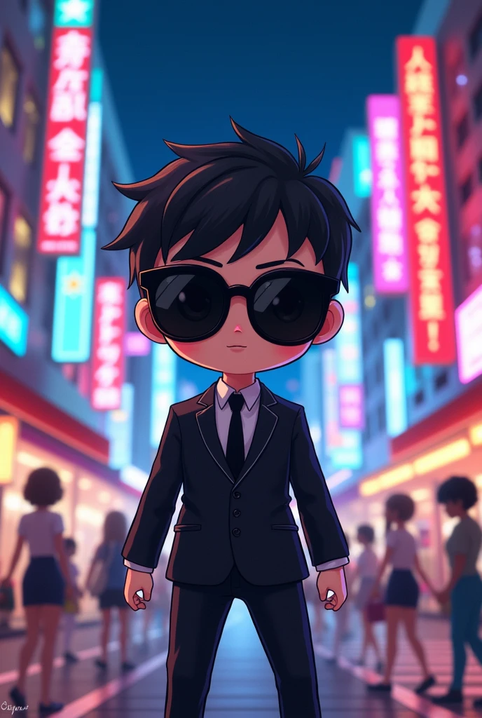A anime cute chibi boy with black sunglass and black suit