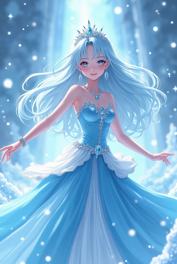 ((best quality)), ((masterpiece)), (detailed), A beautiful princess, casts ice magic, has light-blue hair, wears a tiara on her head, wears a light-blue and white gown, front pose, in anime style.