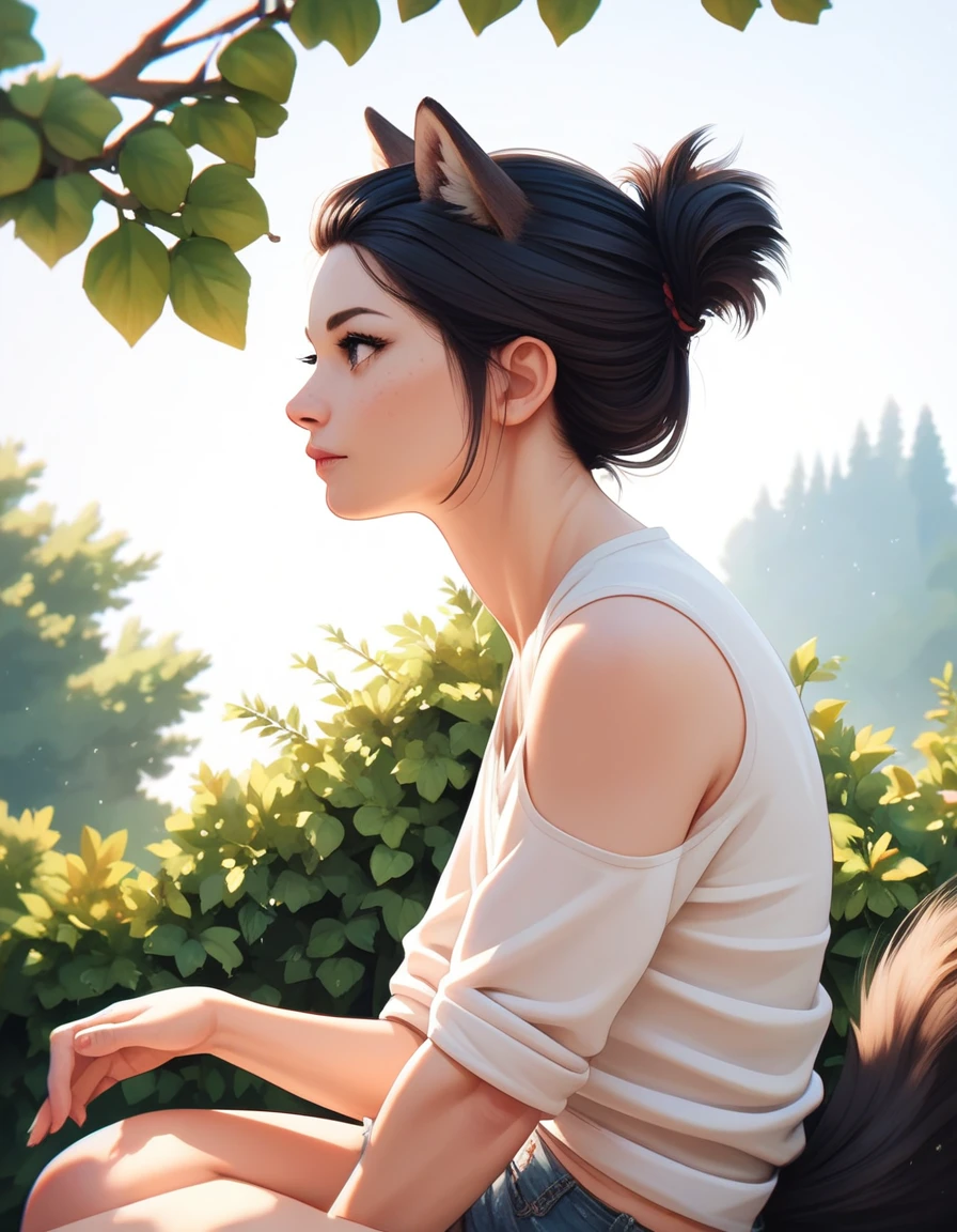 masterpiece, best quality, extremely detailed, Anime, black-haired girl, (((mullet hairstyle))), wolf ears, wolf tail, sitting on a tree and looking into the distance, side view composition,