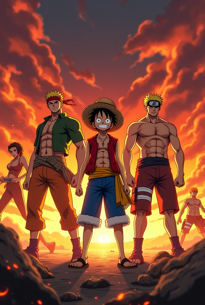 Luffy, zoro, naruto, demon slayer, eran Yeager inone frame look very amazing and dengerous 4k