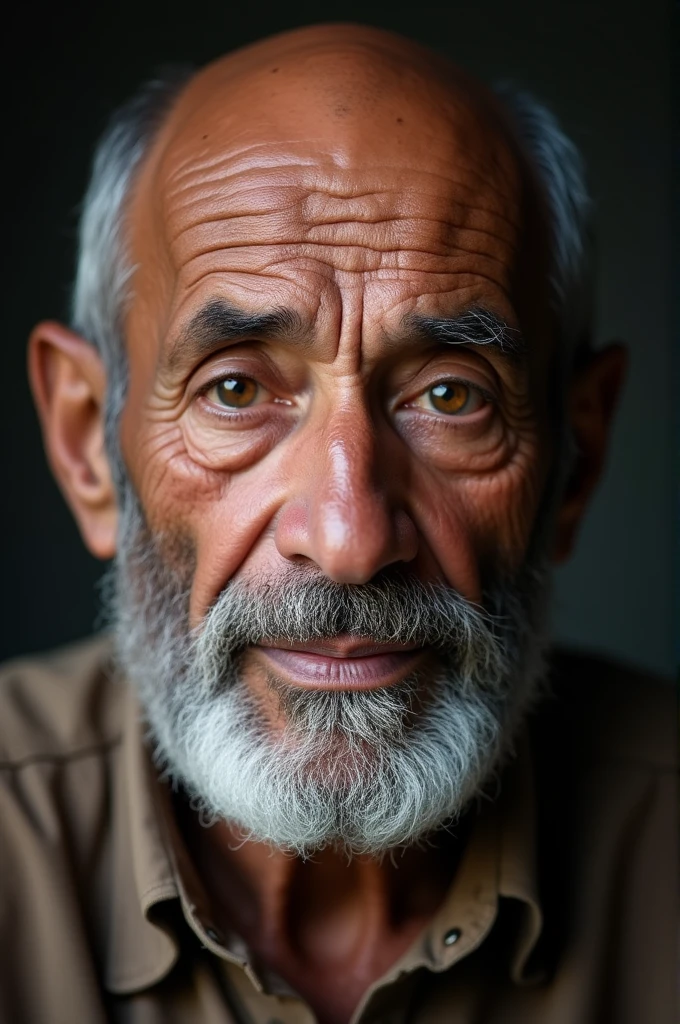 Headshot of stronger old bald guy that have different eye color, the left eye is brown and the right eye is grey and have nubian nose.