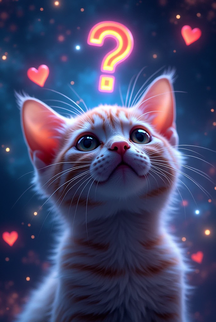 Cat face close up, Space in the background (Beautiful shining stars and galaxies), Space Cat, big "!?" on the screen is written in big letters on the screen,Heart symbol、