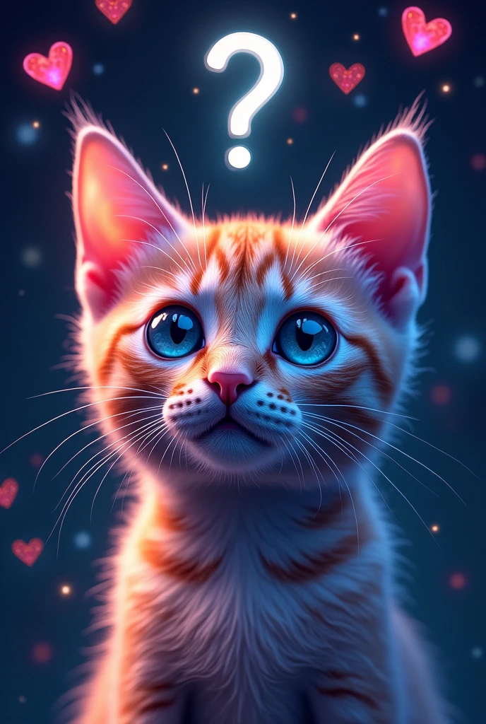 Cat face close up, Space in the background (Beautiful shining stars and galaxies), Space Cat, big "!?" on the screen is written in big letters on the screen,Heart symbol、