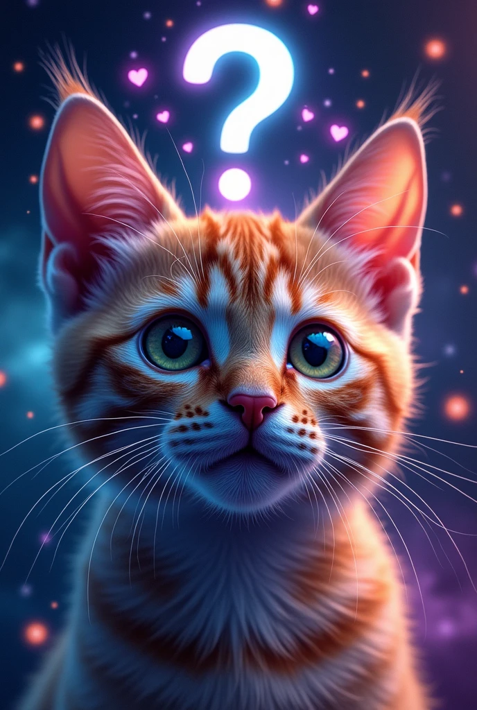 Cat face close up, Space in the background (Beautiful shining stars and galaxies), Space Cat, big "!?" on the screen is written in big letters on the screen,Heart symbol、