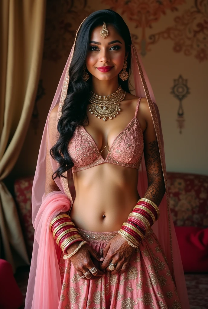 Full body picture, in MEHANDI HENNA TATTOO ON BOTH HANDS, Indian bride underarms,  SHOWING HER ARMPITS,  BBW ,In Veil , Wet curvy, busty Desi Mommy in BIKINI and showing her big showing cleavage inside BIKINI sleeveless blouse and Nose Ring, many bangles in both hands,Earings, Necklace ,Lipstick ,Navel,Indian, Chubby, showing her curves , 