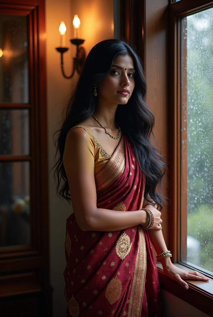 a beautiful indian lady standing beside a window outside raining 