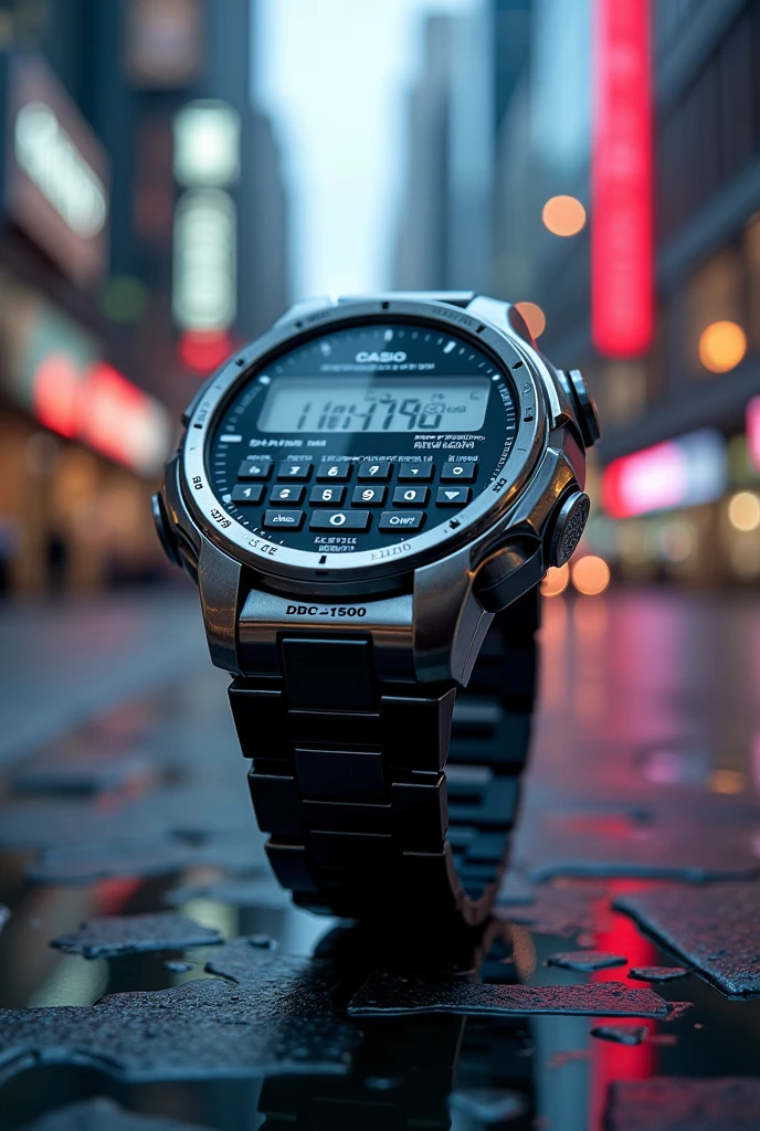 A marketing ad picture of a watch Casio dbc-1500 data bank digital calculator wrist watch.