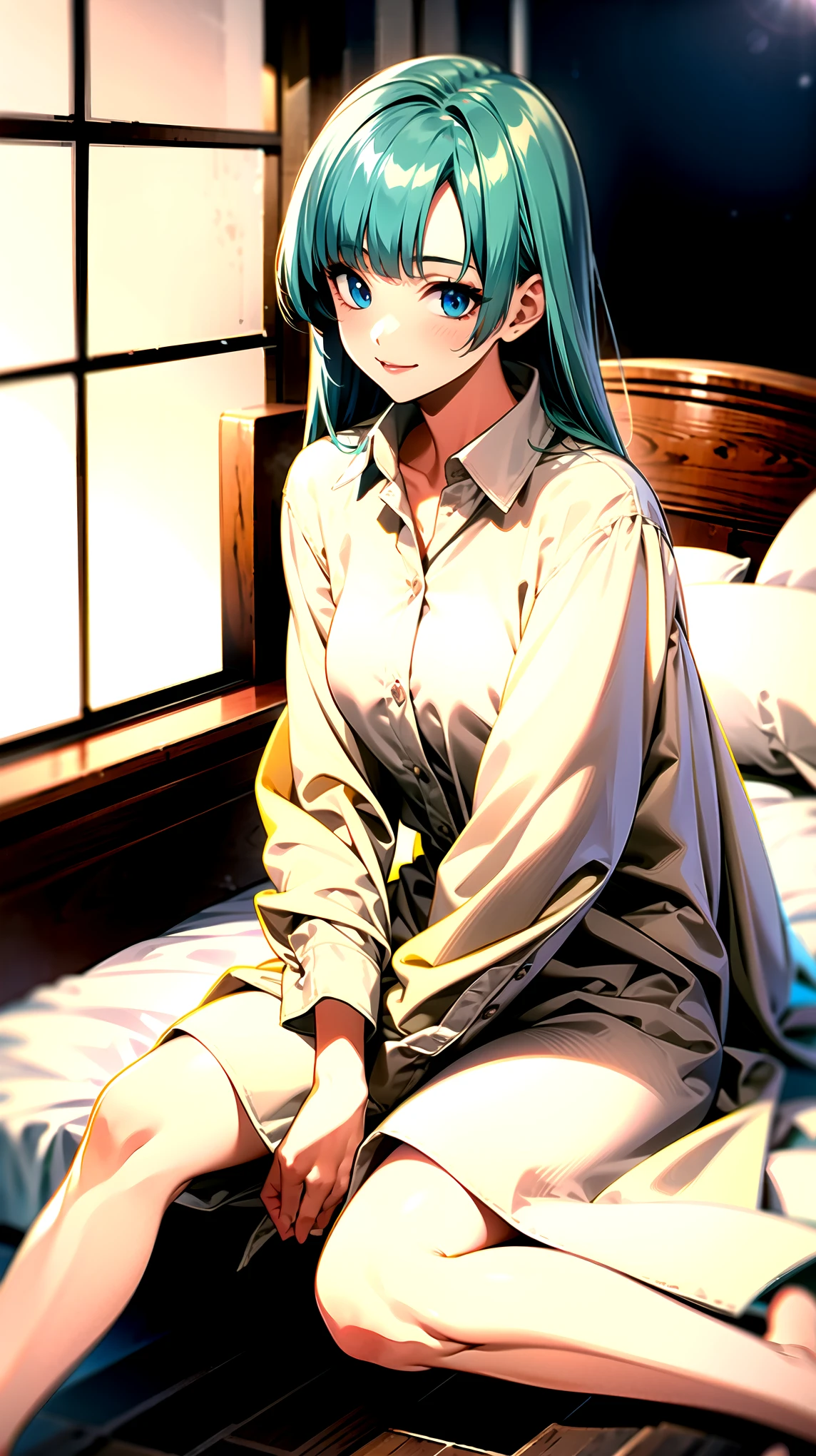 （（super high quality,Ultra-high resolution,4K,8k,super masterpiece,Ultra HD ,Detailed shading））,Full body photo,A room where the morning sun shines,On the bed,Sit with your knees hugged,1 high school girl,popped collar White shirts,Bend your sleeves up to your elbows.,Straight emerald blue hair that extended to her shoulders,Side-swept bangs,Light blue eyes,Sharp gaze with raised eyebrows,smile,