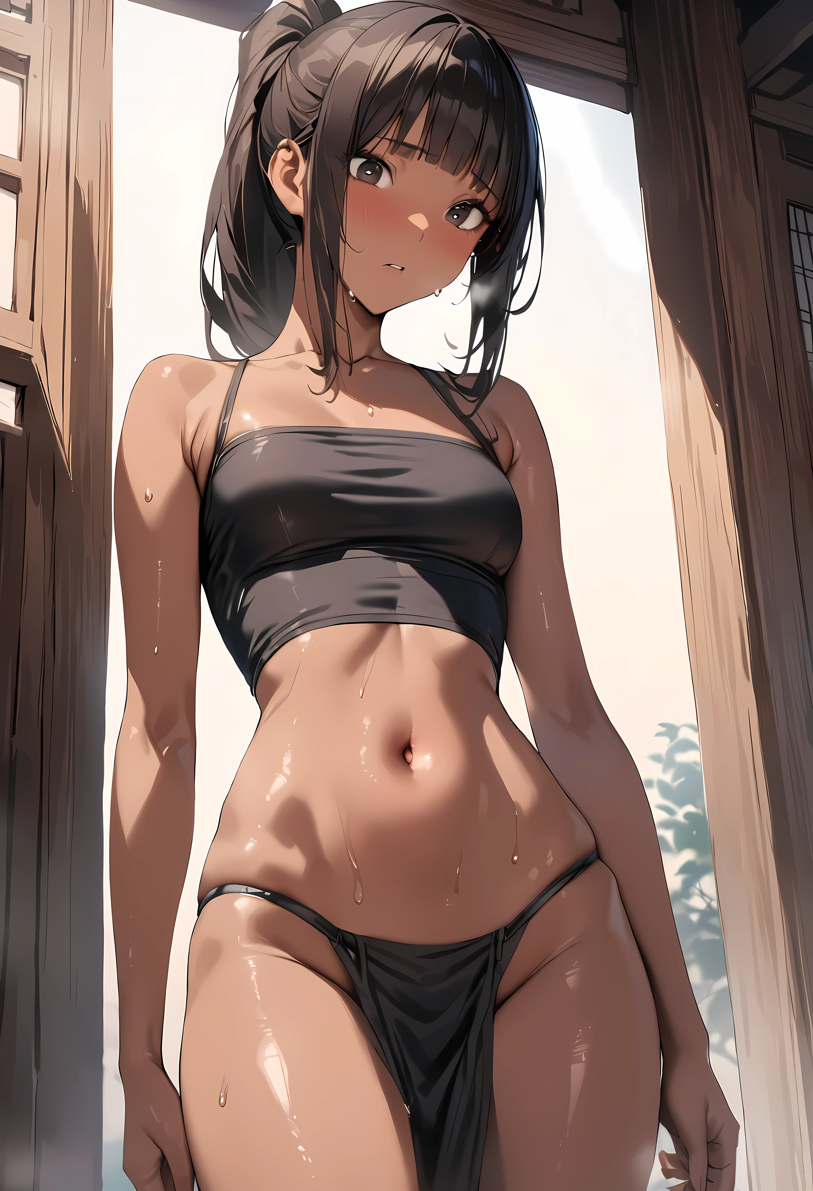 ((masterpiece,best quality anime,Highest quality:1.3)),realistic,cowboy shot,(25 year old beauty),Female ninja、1woman,solo,((very small head:1.4)),((very long body:1.3)),black hair,bangs,(long ponytail hair),gorgeous big eyes,black eyes,shy,((tan skin:1.4)),((slender body:1.3,skinny)),medium breasts,gleaming skin,shiny skin,((white loincloth:1.3,Black tube top shirt、navel、)),sweat:1.3,standing,Domestic、temple、