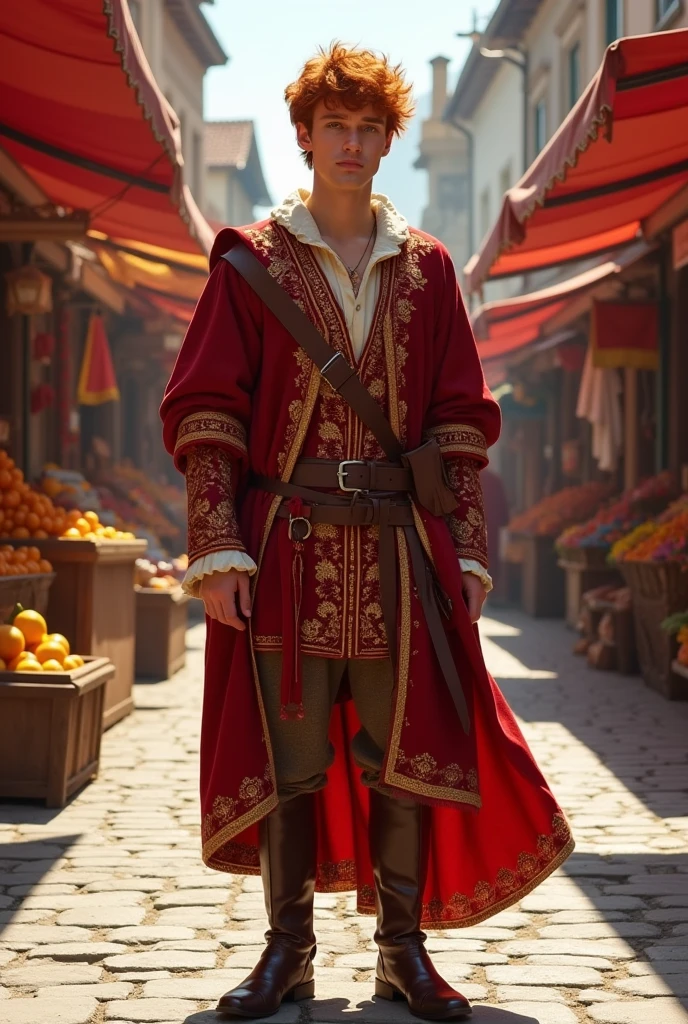 Young black-haired redhead man wearing medieval red