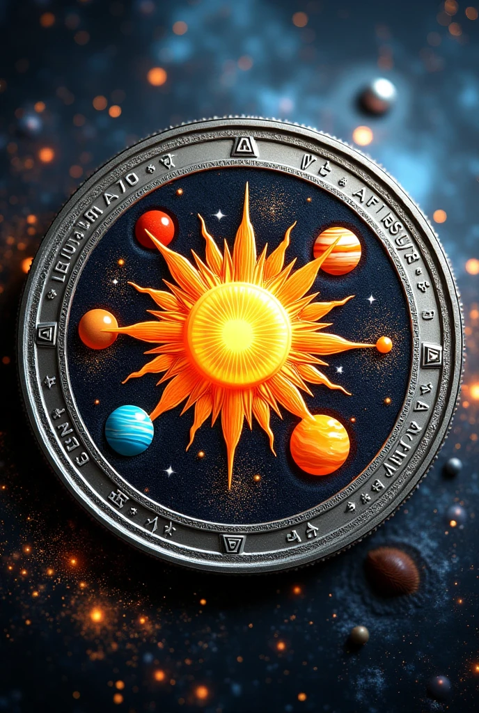 Create design for silver coin all planets in solar system with colors