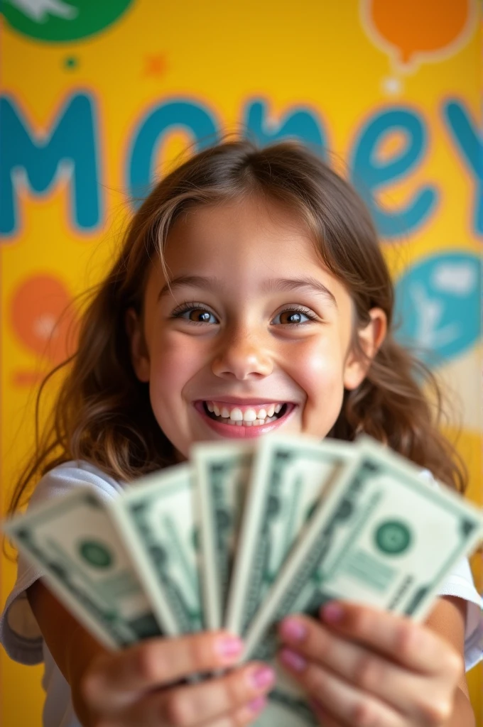 A girl exited for money expression for YouTube thumbnail.