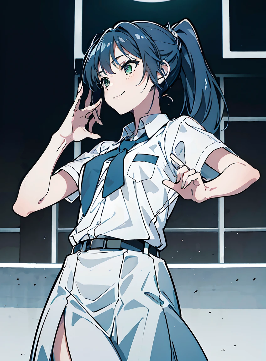 (masterpiece, Best Quality, ultra-detailed, high resolution, extremely detailed CG, official art, Professional Lighting, Perfect Anatomy, anime colors), (1girl), (blue hair), (long hair), (ponytail hair), (green eyes), skinny, medium chest, white dress, happy face, smiling, 3/4 side view, profile view, looking away, the classroom backgrounds, 1girl, cewe-sma, from fitting, white shirt, short sleeve, light-grey tie, gray skirt, belt, Beautiful and dense face, white skin, dynamic pose, cinematic shot,