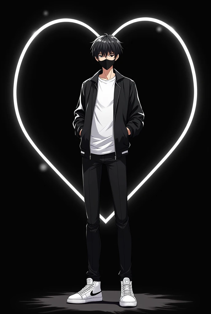 A tall boy wearing a black jacket with a white tshirt inside the jacket,a black trouser,a black mask on mouth not on eyes with white shoes. He is an anime gou . The background is black and the boy is standing between the boundary of a white heart.the heart has only boundary 