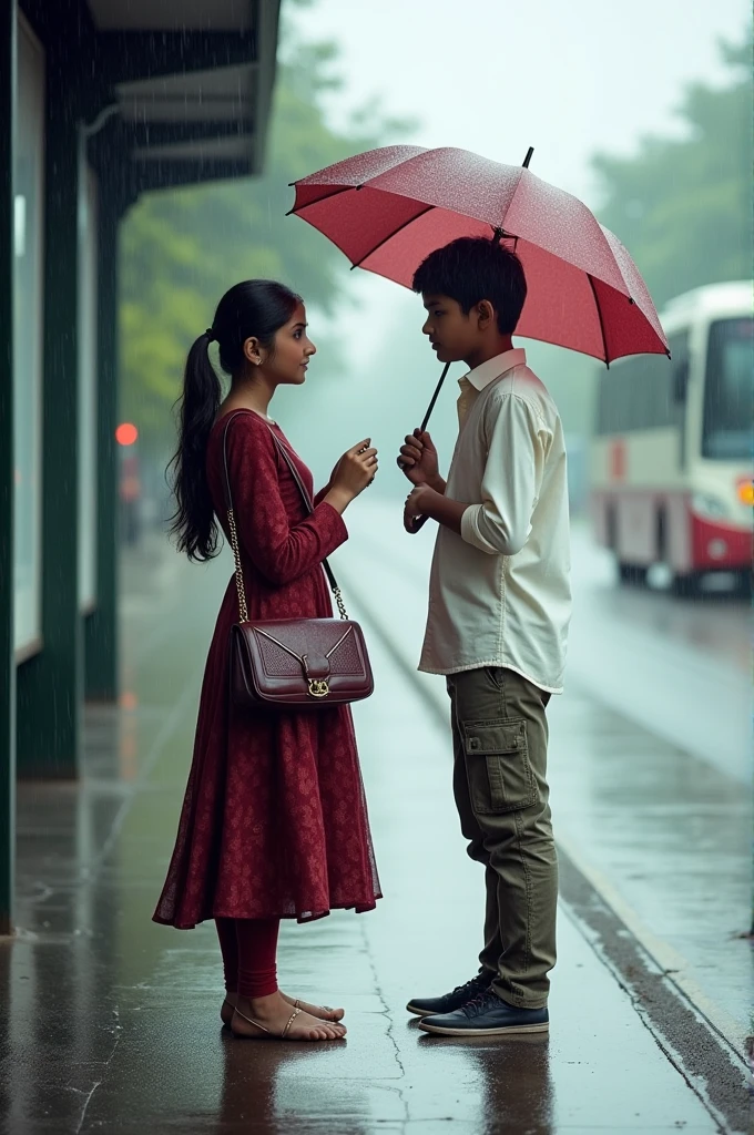 A girl and a boy standing beside each other on bus stop with space between them in a cloudy rainy day, both of them holding umbrella in there hands . Girl wearing maroon kurti and a purse in her hand and boy casual white shirt and cargo pants