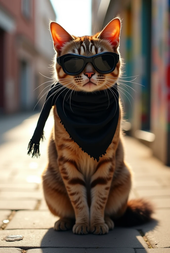 Cat on ramp with black purse scarf and black goggles