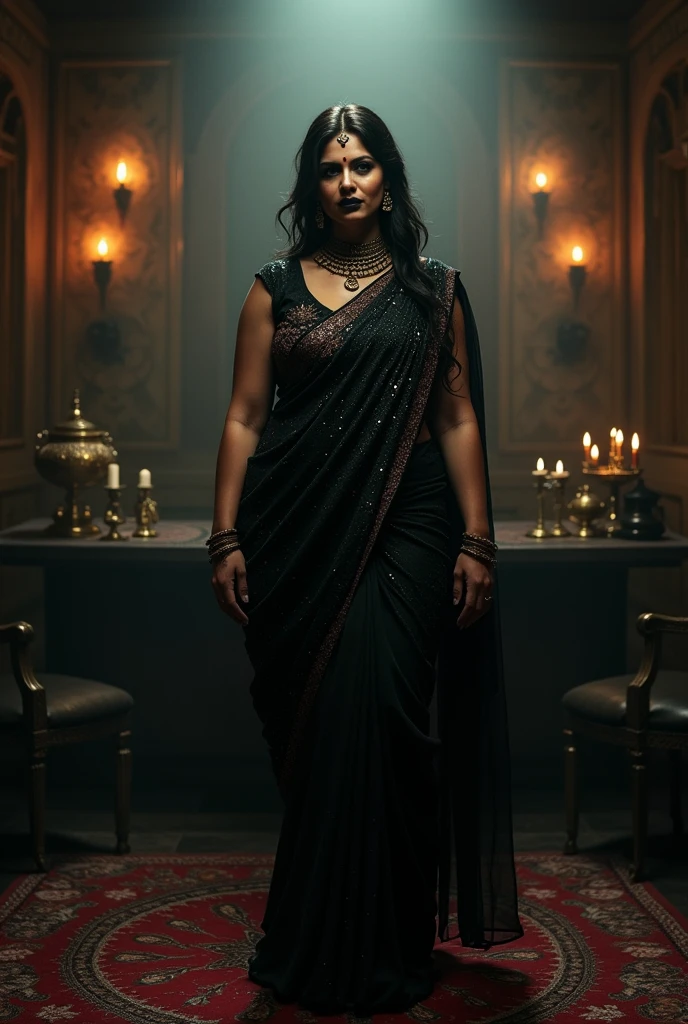 indian astrology,Looks like Aparna Dixit, full body Closeup shot, Big chubby aunty, milf, cougar lady witch, horny Gothic milf,  50 years old gorgeous mature lady, pervert demoness, demoness of lust, curvy, black lips, horny face, extremely gorgeous, thick figure, heavy physique, voluptuous, curvy, sexy figure, Fashionable portrait of androgynous alien looking witch wearing veil, glowing eyes, futuristic design, minimal details, givenchy, photoreal, 200mm, hd, f/ 2.0, highly detailed, surreal, sexy beautiful evil woman, sexy bold sequin Saree with strapless Bra, chudail, Pishachini, horror genre, blood-thirsty enchantress, powerful female spirit, eerie, drop dead, in the style of red and blue, (intricate details, hyperdetailed:1.15) (skin texture:1.2), dark Moody tone, cinematic lighting, haunted place in background, Fortune telling hall