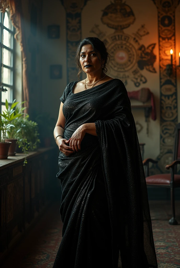 indian astrology,Looks like Aparna Dixit, full body Closeup shot, Big chubby aunty, milf, cougar lady witch, horny Gothic milf, 50 years old gorgeous mature lady, pervert demoness, demoness of lust, curvy, black lips, horny face, extremely gorgeous, thick figure, heavy physique, voluptuous, curvy, sexy figure, Fashionable portrait of androgynous alien looking witch wearing veil, glowing eyes, futuristic design, minimal details, givenchy, photoreal, 200mm, hd, f/ 2.0, highly detailed, surreal, sexy beautiful evil woman, sexy bold sequin Saree with strapless Bra, chudail, Pishachini, horror genre, blood-thirsty enchantress, powerful female spirit, eerie, drop dead, in the style of red and blue, (intricate details, hyperdetailed:1.15) (skin texture:1.2), dark Moody tone, cinematic lighting, haunted place in background, Fortune telling hall