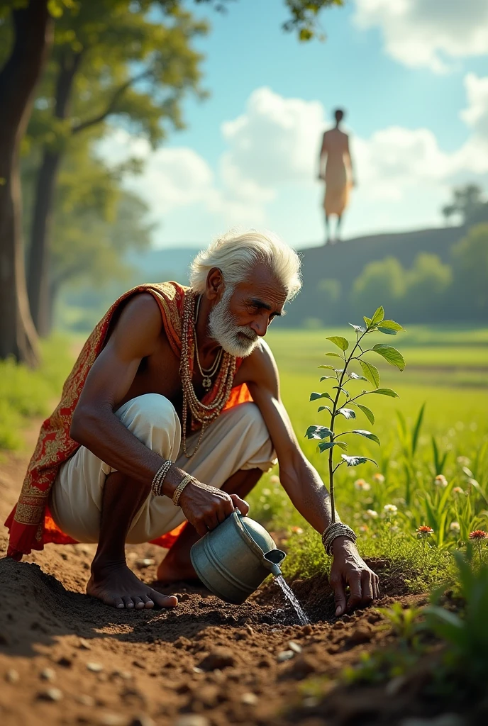 Indian old man planting a tree. At the same time, an Indian prince comes from above.
Then the old man starts watering that plant