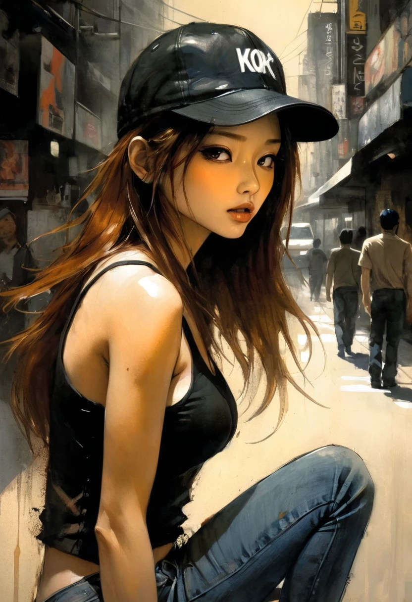 slim girl, sexy, modern, black baseball cap, jeans, very tight black tank top, very long brown hair, Korean features, on the streets of Seoul, black and white image, between shadows, oil painting, chiaroscuro , sensual , dramatic lighting, moody atmosphere, sketch, intricate details, masterpiece, ultra detailed, high quality, 8k, best quality, realistic, cinematic, dark and brooding, expressionistic, powerful composition, emotional impact, {{{,nsfw, speech bubble , {{{,{pussy, spreads her pussy, cum, cum in pussy, masterbation, straddling, and}}}, cute and ultra detailed skin, sketch}}},,}}} , art inspired by Bill Sienkiewicz and Dave McKean
