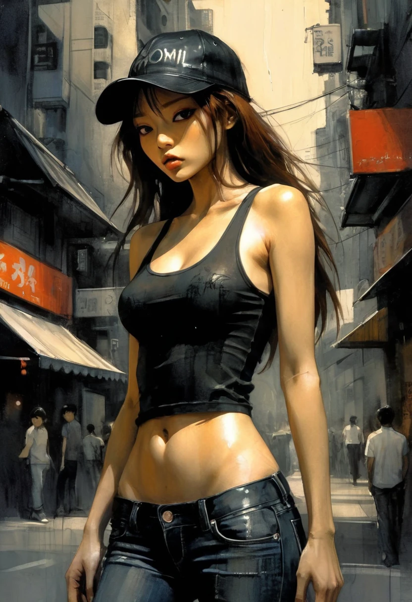 slim girl, sexy, modern, black baseball cap, jeans, very tight black tank top, very long brown hair, Korean features, on the streets of Seoul, black and white image, between shadows, oil painting, chiaroscuro , sensual , dramatic lighting, moody atmosphere, sketch, intricate details, masterpiece, ultra detailed, high quality, 8k, best quality, realistic, cinematic, dark and brooding, expressionistic, powerful composition, emotional impact, {{{,nsfw, speech bubble , {{{,{pussy, spreads her pussy, cum, cum in pussy, masterbation, straddling, and}}}, cute and ultra detailed skin, sketch}}},,}}} , art inspired by Bill Sienkiewicz and Dave McKean
