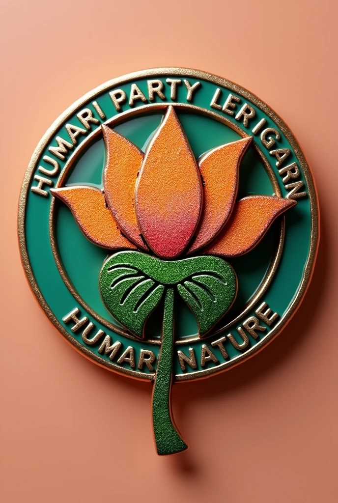 Generate brooch design of a political party name 'HPHN' mentioned on it, with slogan 'Humari Party Humara Nature', with lotus logo in centre