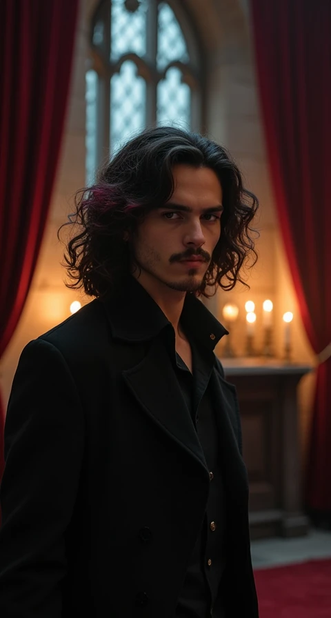 Create an image of a young vampire with long, curly hair, where the ends on the right side are discolored. He has a well-groomed mustache and is in a shadowy and mysterious setting, with dim lighting and deep shadows. The vampire has an enigmatic expression and an intense gaze, with slightly visible teeth. The background should be a mix of gothic and dark elements, Like stone walls, heavy curtains and flickering candles.