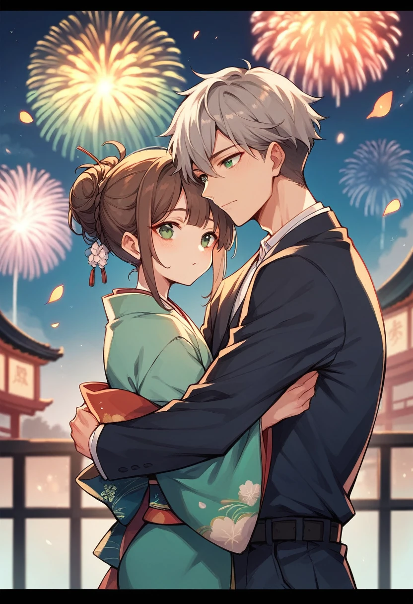 A girl with gray hair and green eyes, wearing a kimono, is hugging a young man in his mid-twenties with brown hair and green eyes in a formal suit. Behind them are fireworks. 