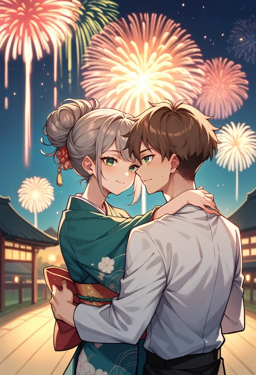 A girl with gray hair and green eyes, wearing a kimono, is hugging a young man in his mid-twenties with brown hair and green eyes in a formal suit. Behind them are fireworks.