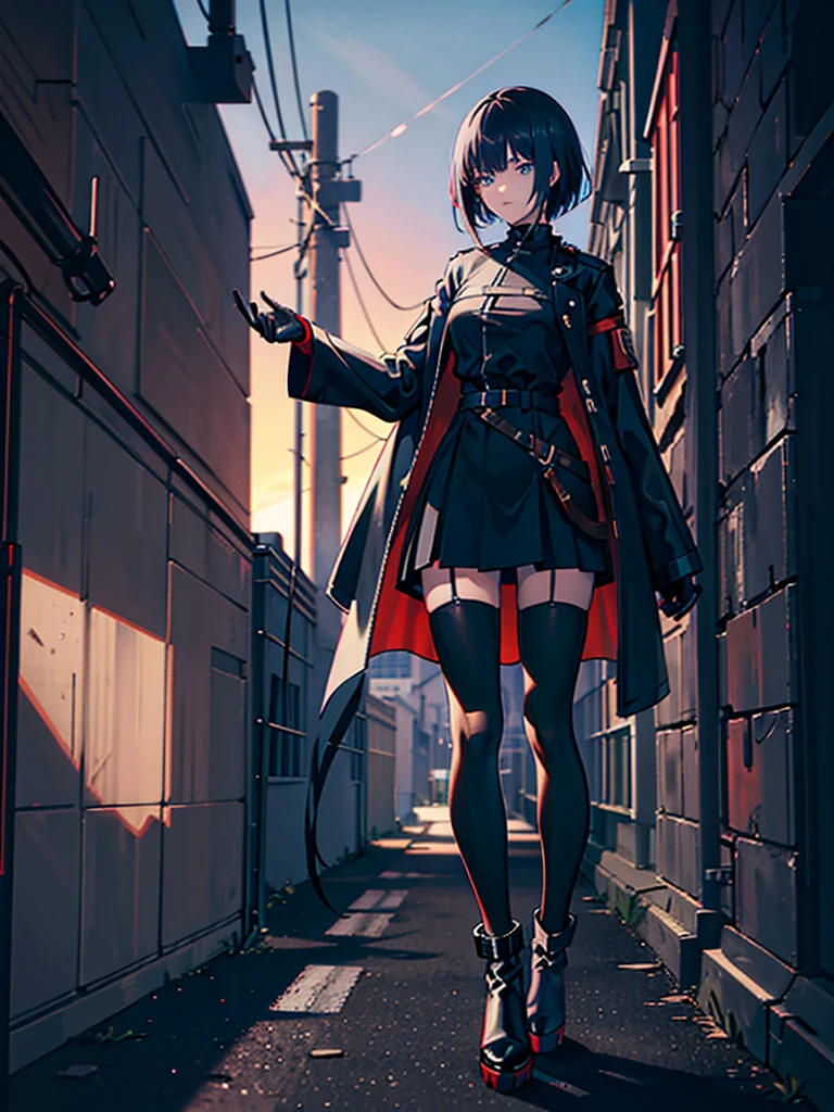 Anime girl, blue eyes, (short black hair), one-sided fringe, assassin, longsleeved long jacket, black shirt with red star underneath. Dark jeans, heeled ankle boots. Black gloves. Garter on left thigh. Standing in alleyway, side-facing. Sunset, long shadows, detailed shading.
