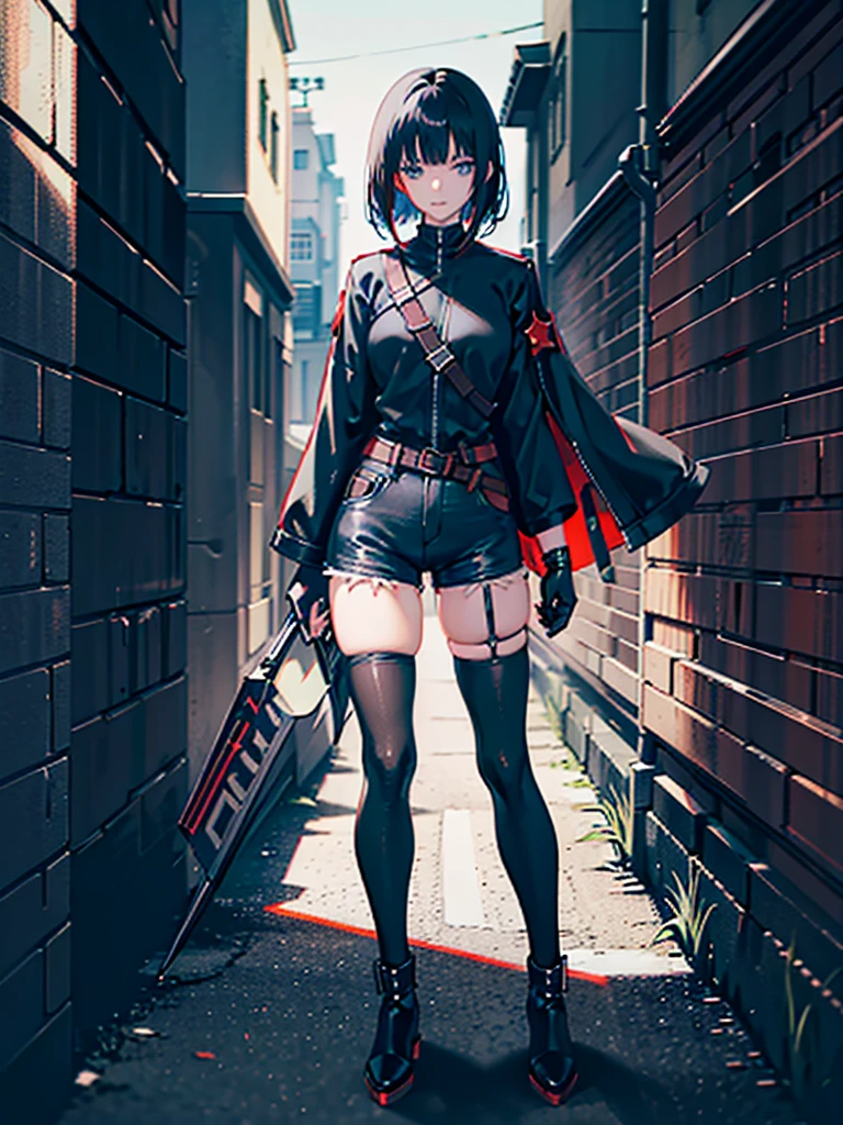 Anime girl, blue eyes, (short black hair), one-sided fringe, assassin, longsleeved long jacket, black shirt with red star underneath. Dark jeans, heeled ankle boots. Black gloves. Garter on left thigh. Standing in alleyway, side-facing. Sunset, long shadows, detailed shading.