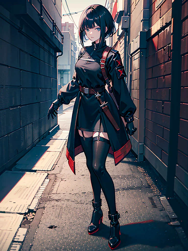 Anime girl, blue eyes, (short black hair), one-sided fringe, assassin, longsleeved long jacket, black shirt with red star underneath. Dark jeans, heeled ankle boots. Black gloves. Garter on left thigh. Standing in alleyway, side-facing. Sunset, long shadows, detailed shading.