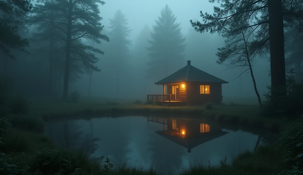 storm in the forest with lots of fog, a cabin with windows and doors illuminated by light, a pond in front of the hut, Realistic, High Definition Cinematic Image