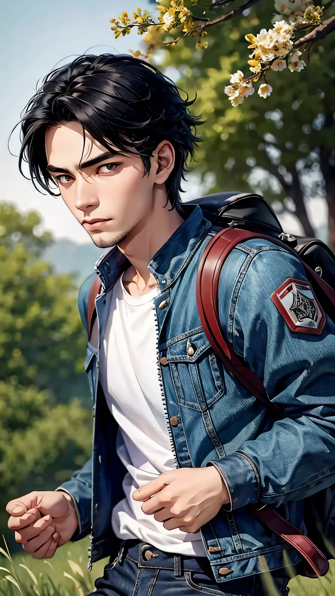 最high quality、Best image quality、masterpiece、male((18-year-old、slender、Stubble、Have a camera、White shirt、Red eyes、Cool hairstyle、Black Hair、Fighting Pose、Black rider jacket、Blue denim trousers、Black Rucksack、Stubble)）high quality、Beautiful art、background((grassland、Strong winds)),Tabletop、Exquisite design、Visual Arts、Written boundary depth、Best lighting、Highest detail、8ｋ